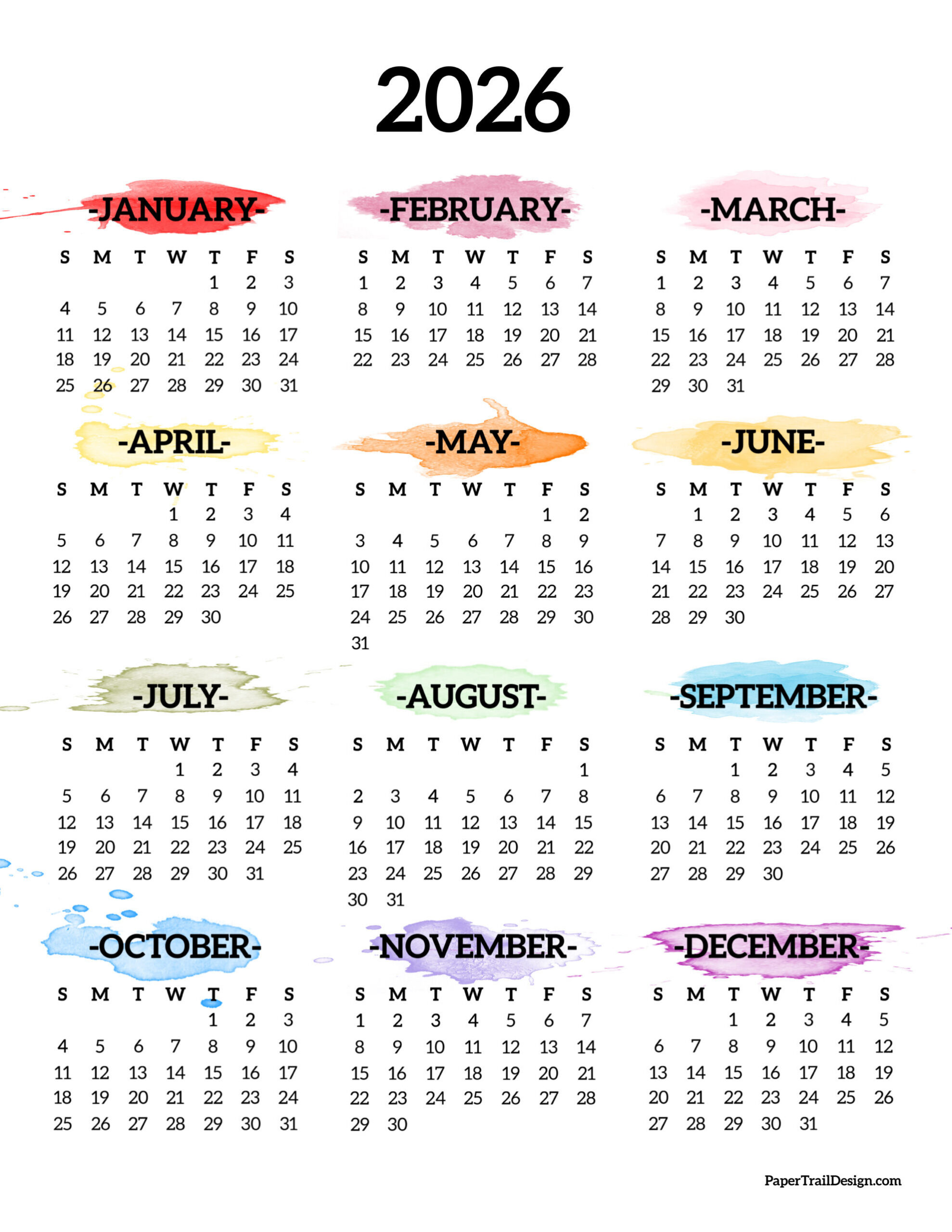 2026 Printable Calendar One Page - Paper Trail Design inside Yearly Calendar 2026 Printable