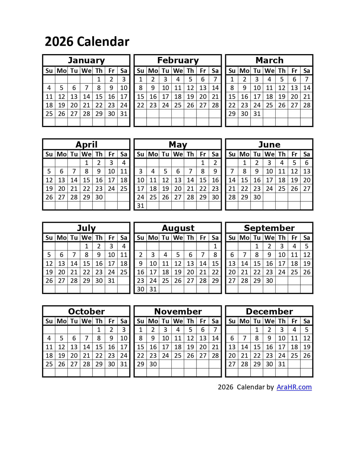2026 Printable Calendar Template - Excel - Pdf - Image with 2026 Employee Attendance Calendar Printable Free