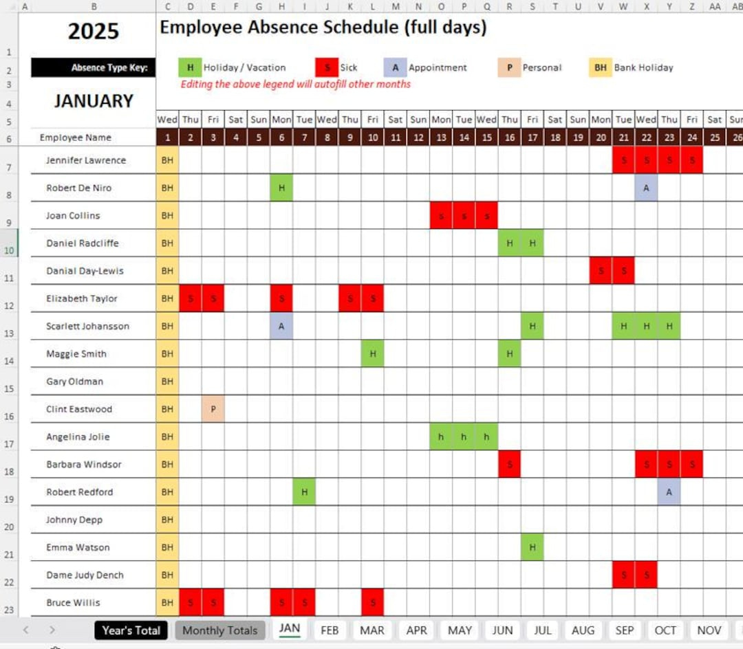 2026 Pro Jan-Dec Employees Annual Leave / Absence Tracker Staff pertaining to Employee Attendance Summary 2026