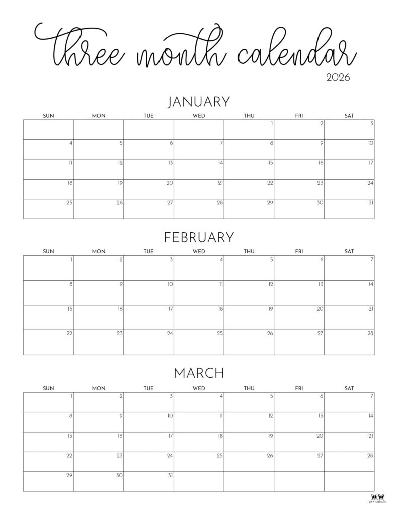 2026 Three Month/Quarterly Calendars - 36 Free Cals | Printabulls for Printable Calendar 2026 January February March