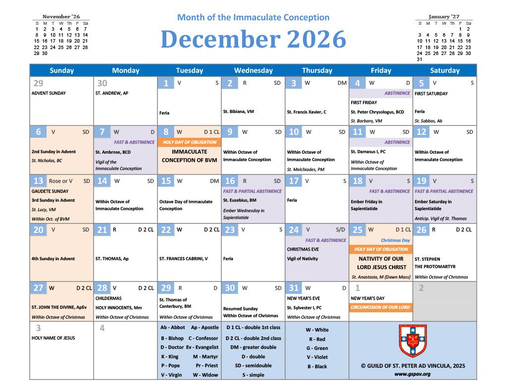 2026 Traditional Catholic Calendar - Guild Of St. Peter Ad Vincula inside Traditional Catholic Liturgical Calendar 2026