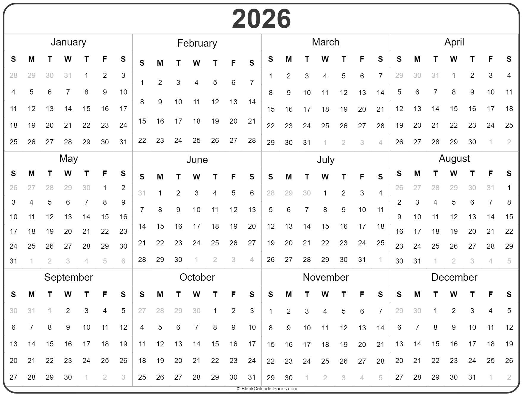2026 Year Calendar | Yearly Printable intended for Yearly Overview 2026 Calendar