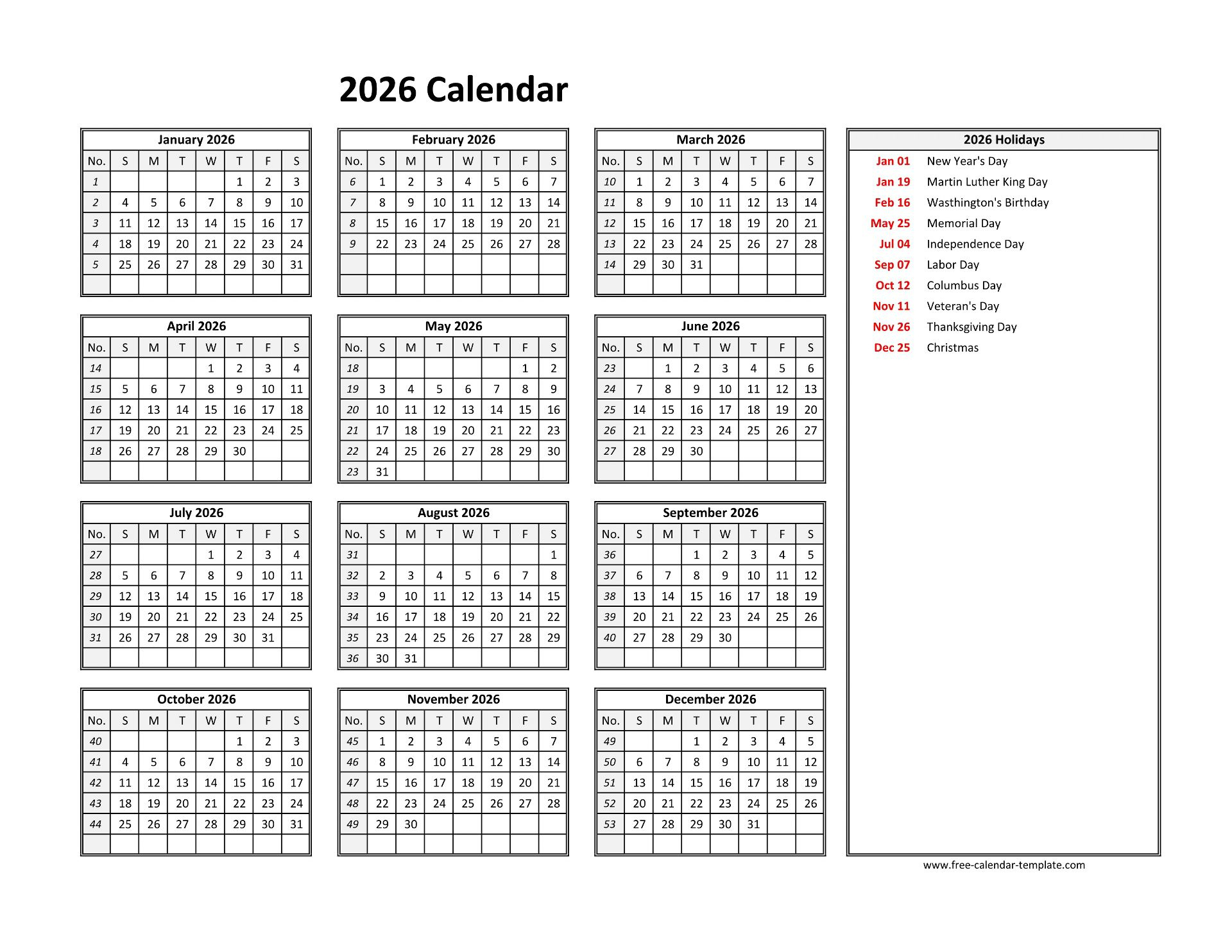 2026 Yearly Calendar Printable With Week Numbers | Free-Calendar intended for 2026 Employee Attendance Calendar Free Printable