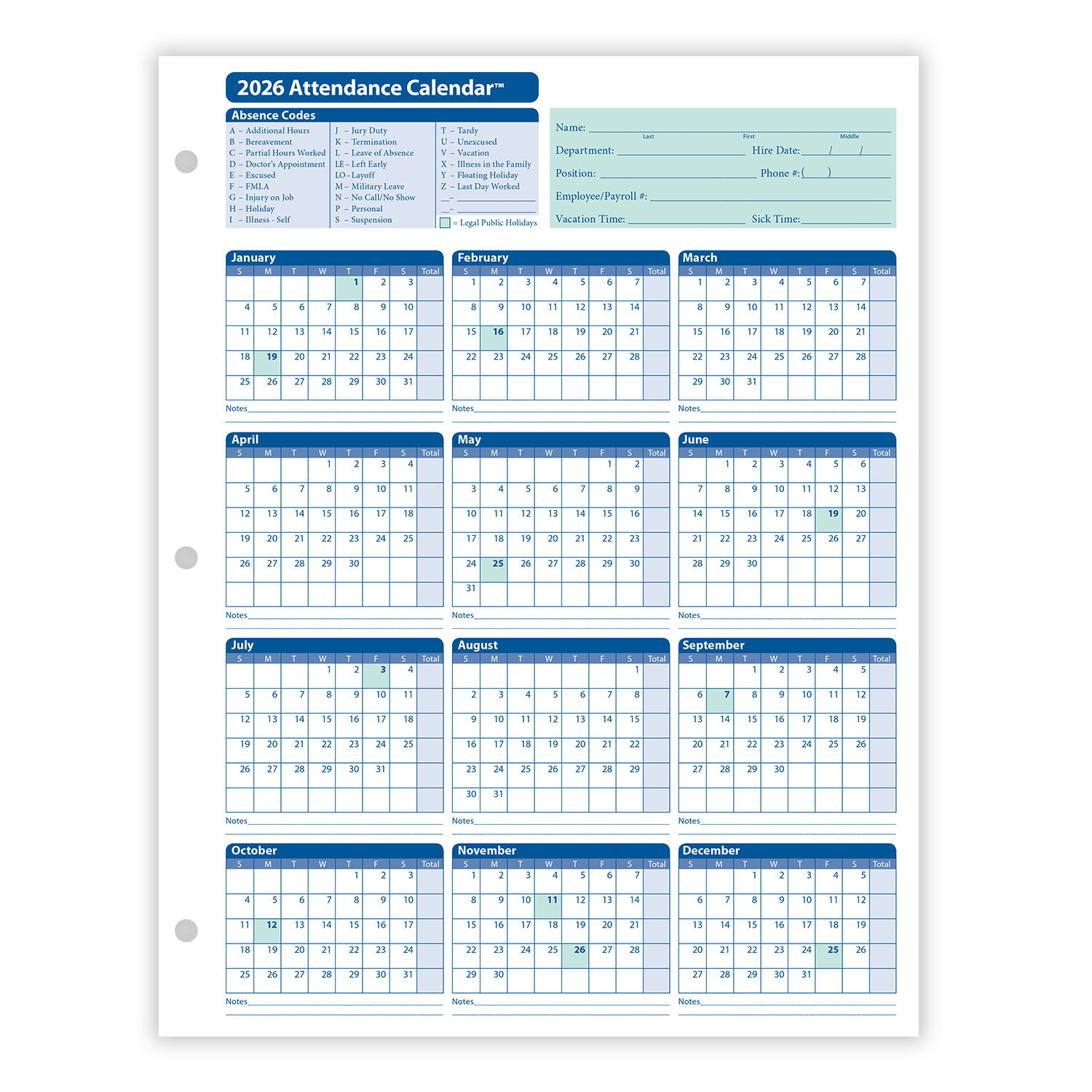 2026 Yearly Employee Attendance Calendar | Yearly Calendar | Hrdirect throughout Time And Attendance Calendar 2026