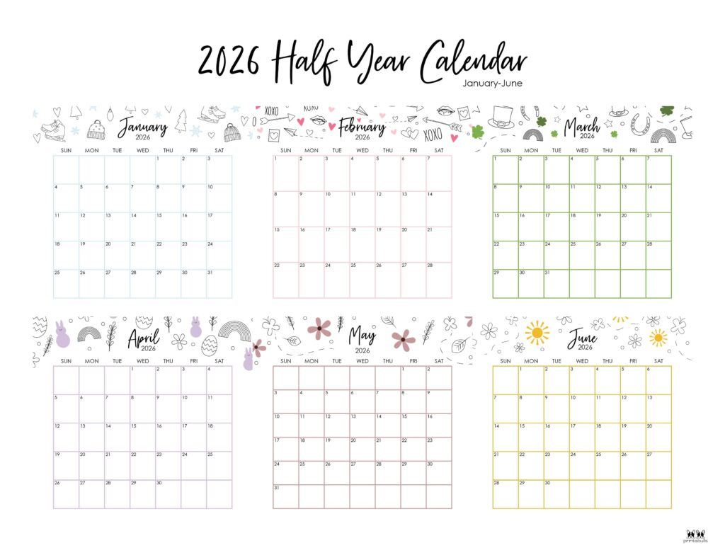 6 Month Calendars 2026 - 40 Free Calendars | Printabulls for January To June 2026 Calendar Printable