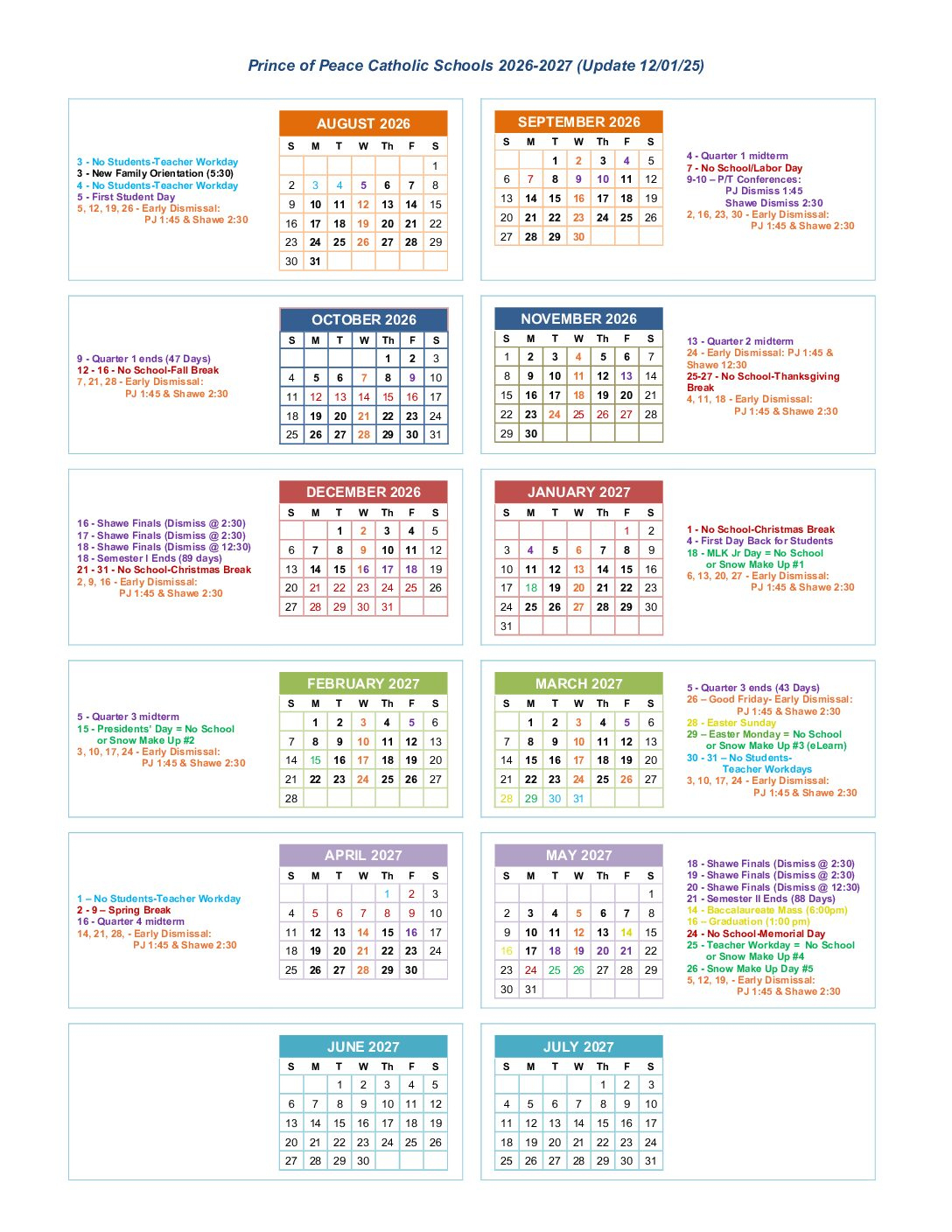 Academic &amp;amp; Lunch Calendars - Prince Of Peace Catholic Schools within Catholic Calendar 2026 - 2027