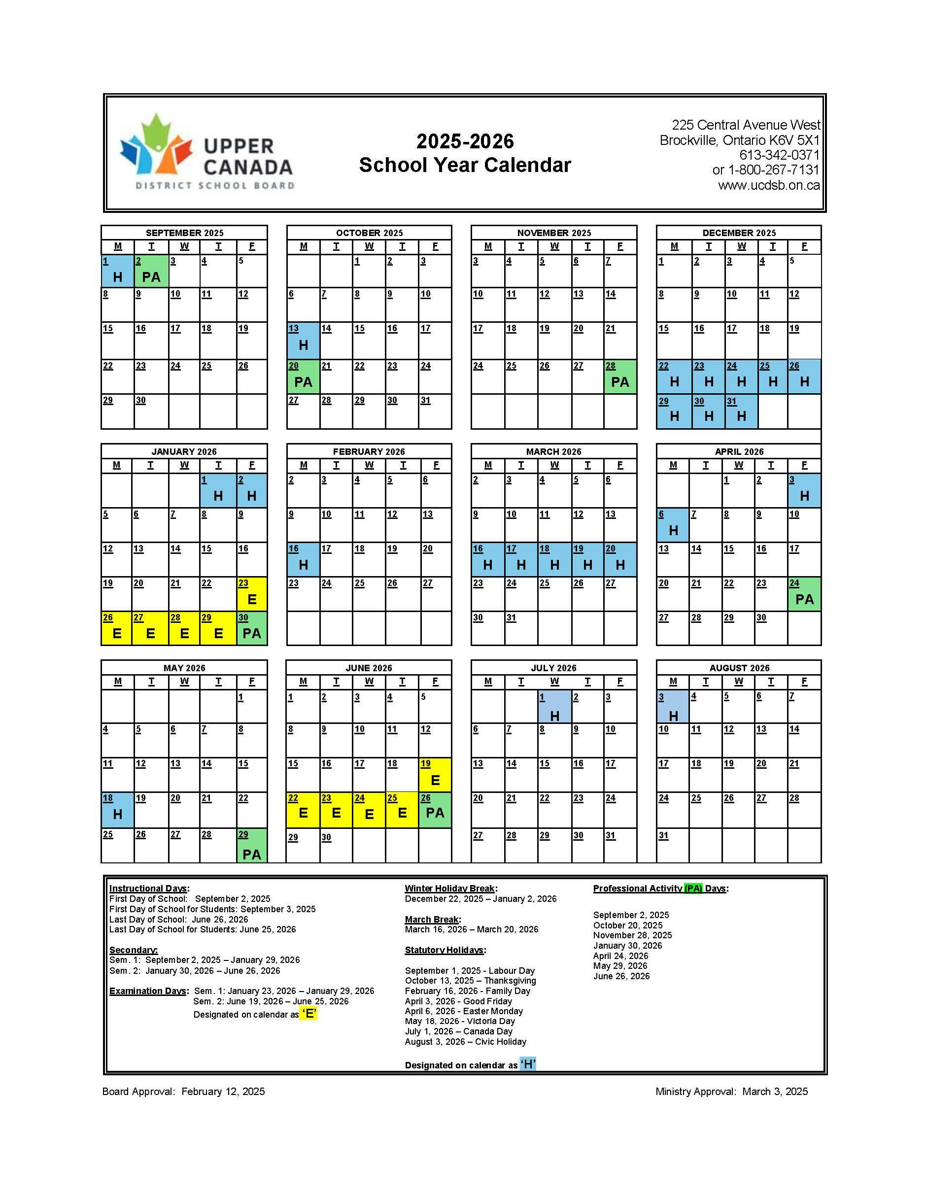 Approved 2025-2026 School Year Calendar - Upper Canada District for Ottawa Catholic School Board Calendar 2026