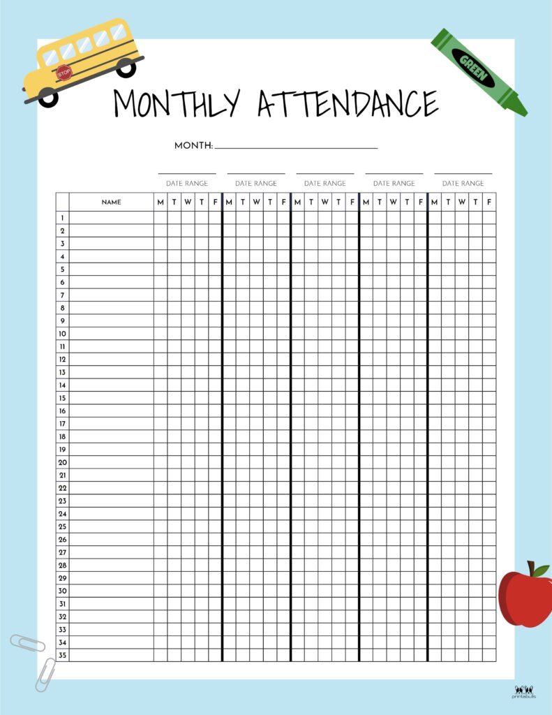 Attendance Sheets - 52 Free Printables | Printabulls within Class Attendance Register 2026