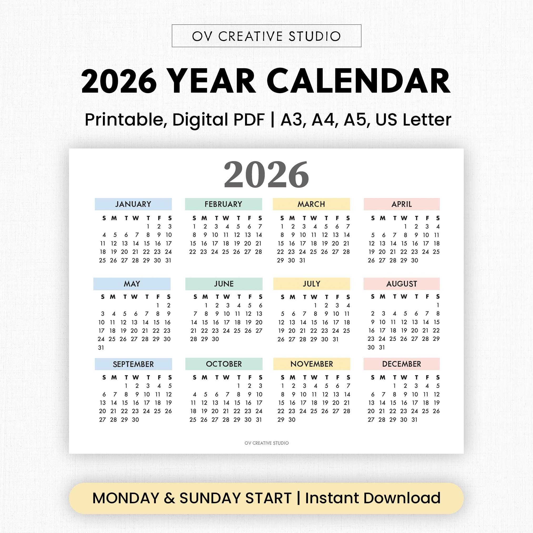 Buy 2026 Year Calendar Printable | Year At A Glance | Digital in At a Glance Calendars For 2026
