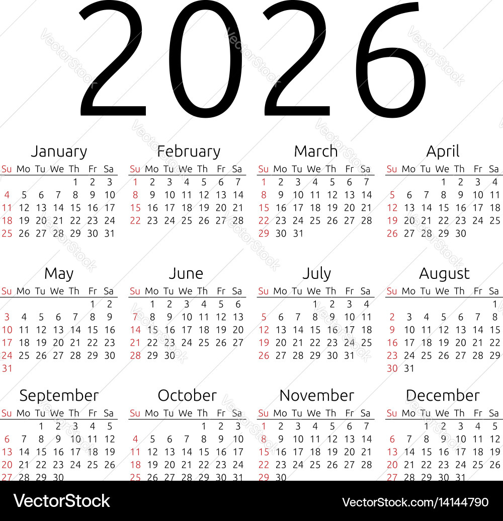 Calendar 2026 Sunday – Lizenzfreie Vektorgrafik | Vectorstock regarding Calendar 2026 and 2026