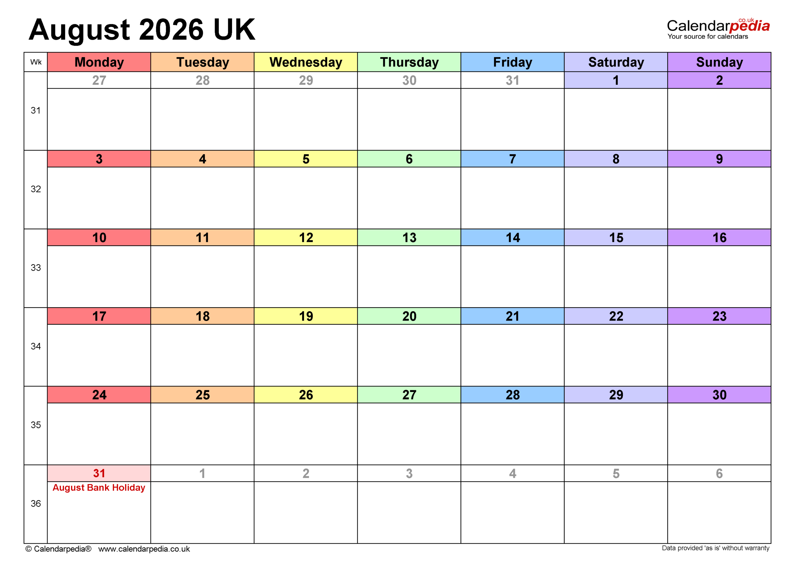 Calendar August 2026 Uk With Pdf, Excel And Word Templates pertaining to Attendance Sheet August 2026