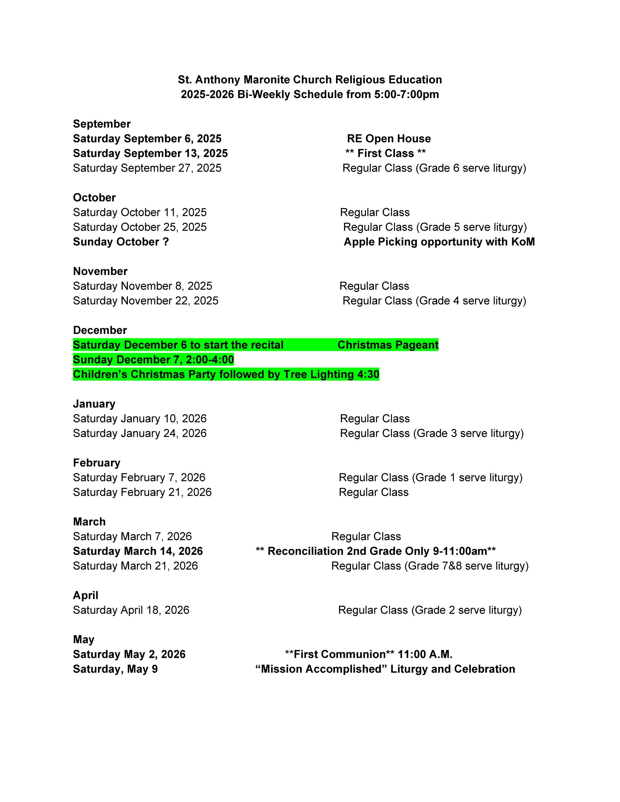 Calendar: Classes And Events – St Anthony Maronite Church pertaining to Maronite Liturgical Calendar 2026