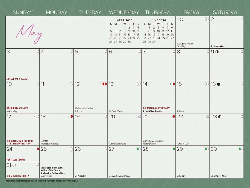 Catholic Calendars | Blue Mound Graphics with April 2026 Calendar with Catholic Holidays