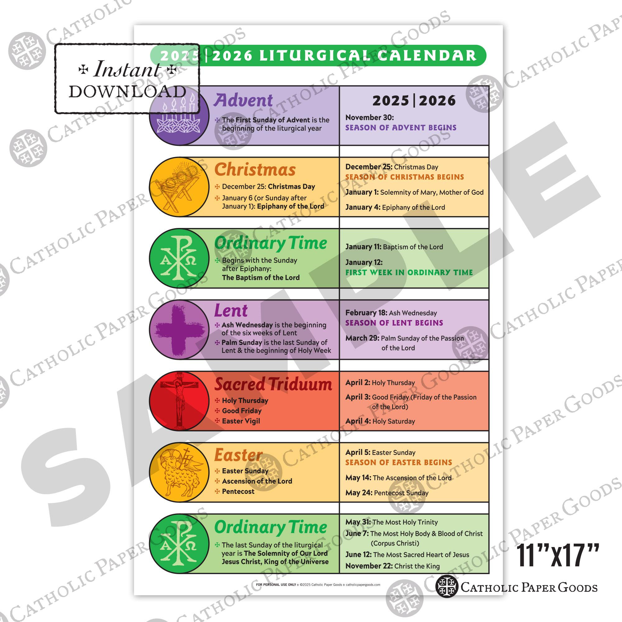Catholic Liturgical Calendar 2025-26: 11X17 Color Poster (Digital within Easter 2026 Catholic Calendar