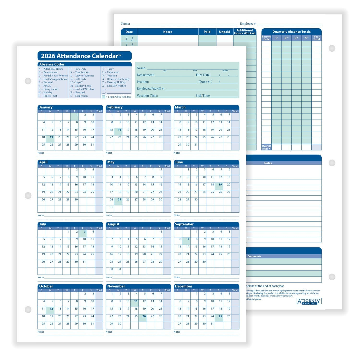 Complyright 2026 Attendance Calendar In White - 50/Pack inside Complyright Attendance Calendar 2026