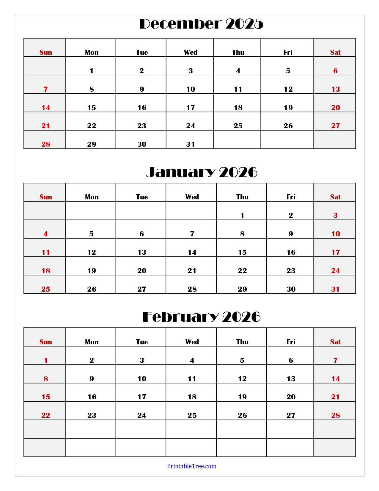 December To February 2026 Calendar Printable Pdf | Three Months for December 2025 - January 2026 February Calendar Printable