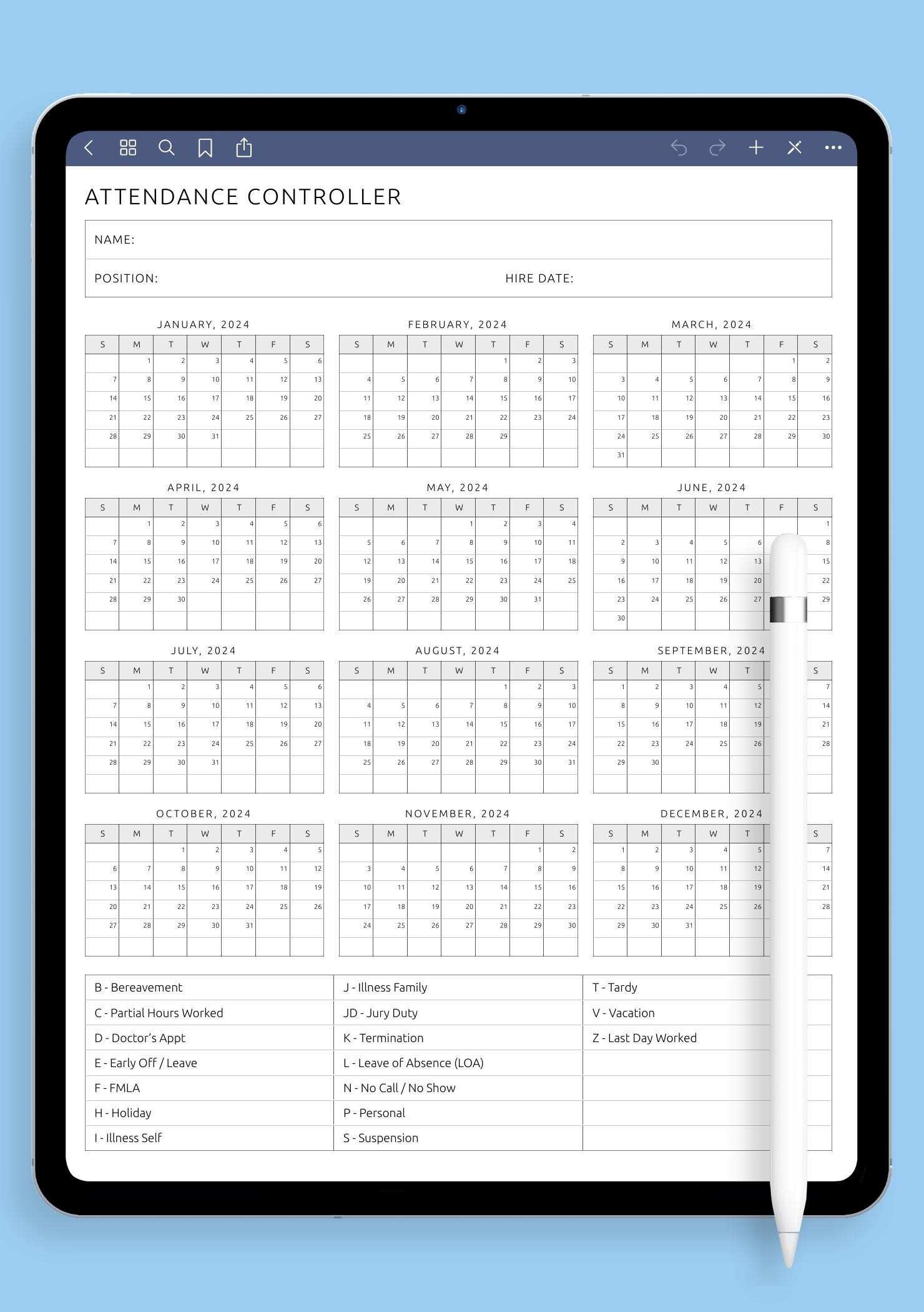 Download Printable Attendance Controller Template Pdf regarding Free Printable 2026 Employee Attendance Calendar Download