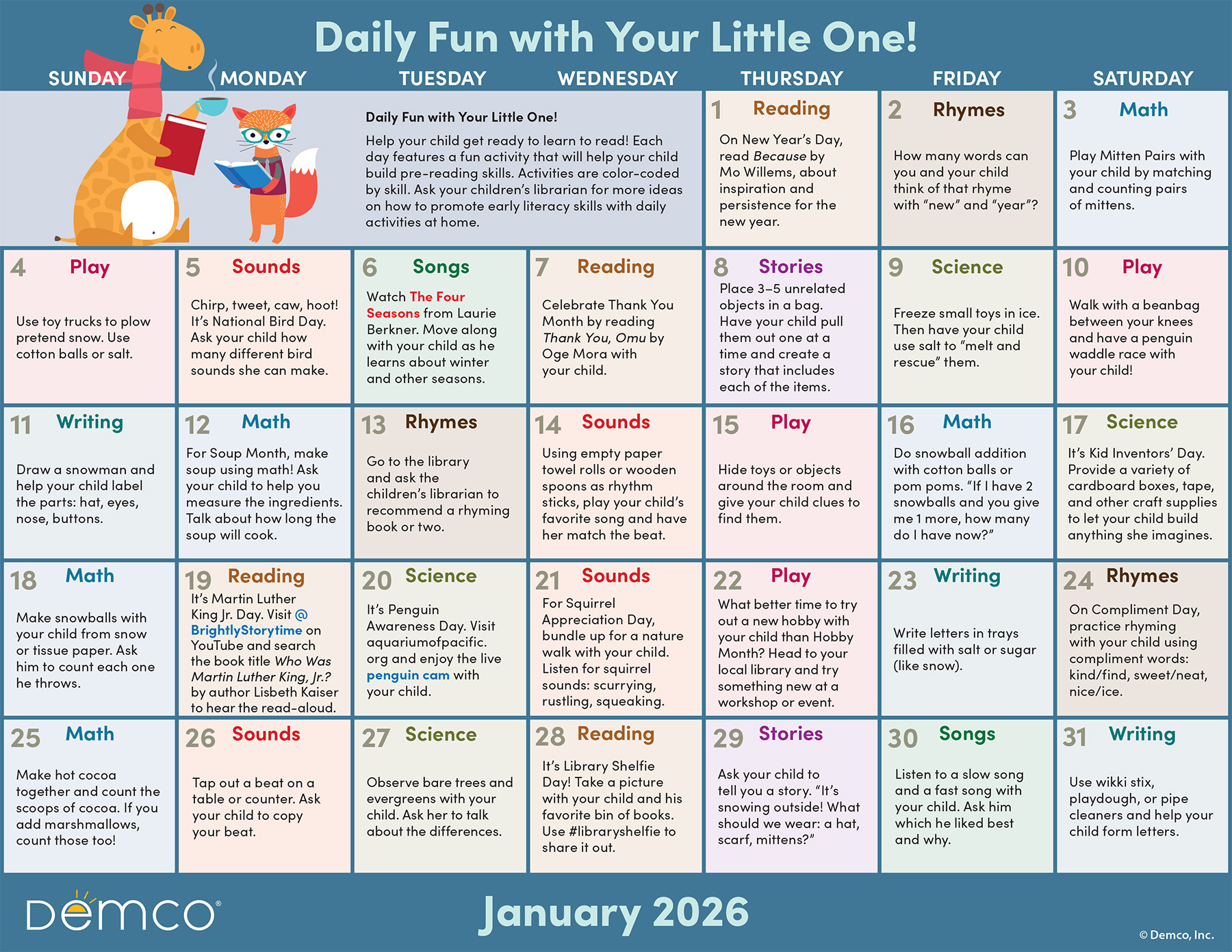 Early Literacy Activities — January 2026: Activities, Books, And More! with regard to Calendar Of Activities 2026
