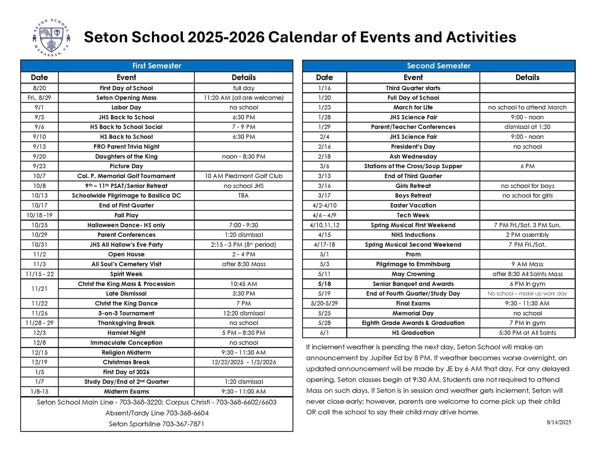 Events Calendar | Seton School Manassas for Seton Catholic College Calendar 2026