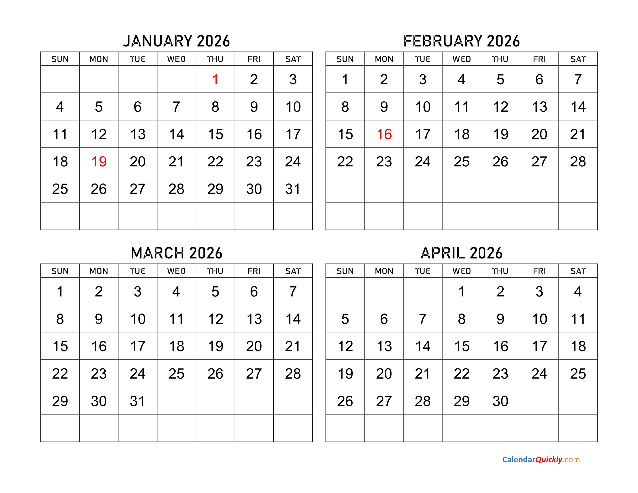 Four Months 2026 Calendar | Calendar Quickly with regard to January February March 2026 Calendar Printable
