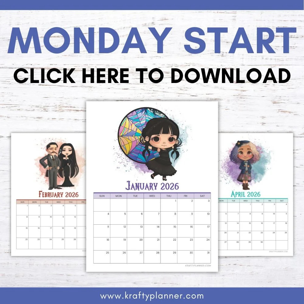 Free 2026 Wednesday Addams Calendar — Krafty Planner throughout How Many Wednesdays Are There in 2026?