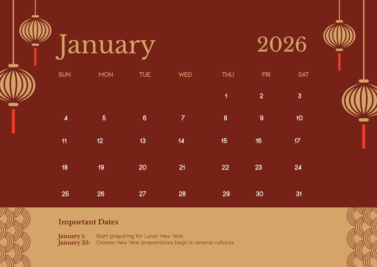 Free January 2026 Lunar Calendar Template To Edit Online within Free Printable Chinese Calendar 2026