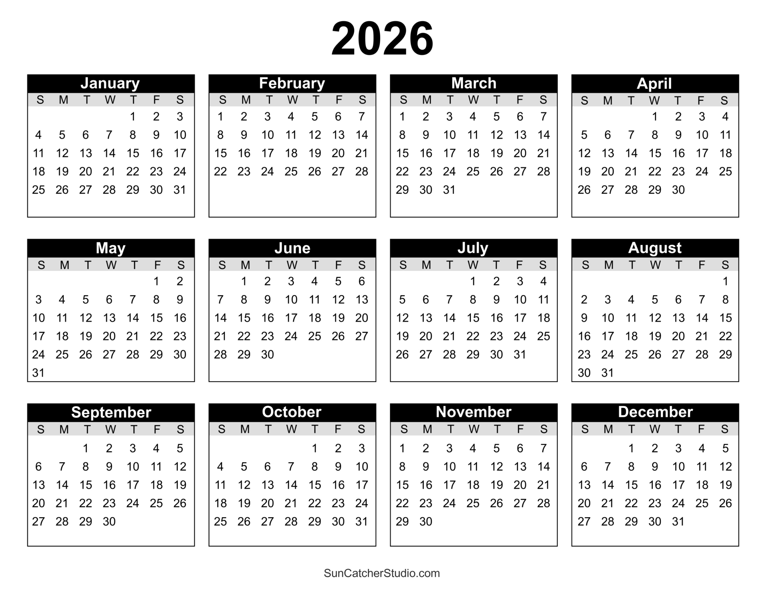 Free Printable 2026 Yearly Calendar – Free Printables, Lettering with Year 2026 Calendar
