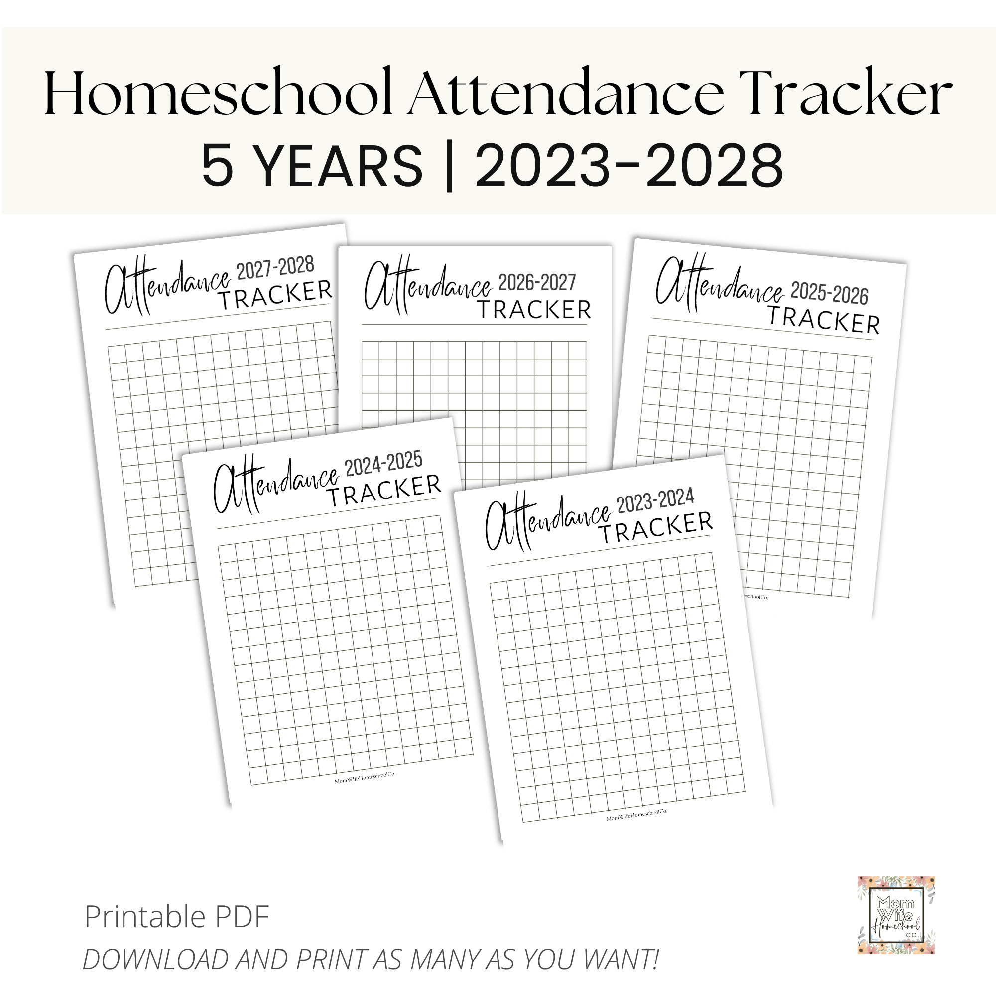 Homeschool Attendance Record Trackers | 5 Homeschool Years, 2023 in Homeschool Attendance Calendar 2026 - 2027