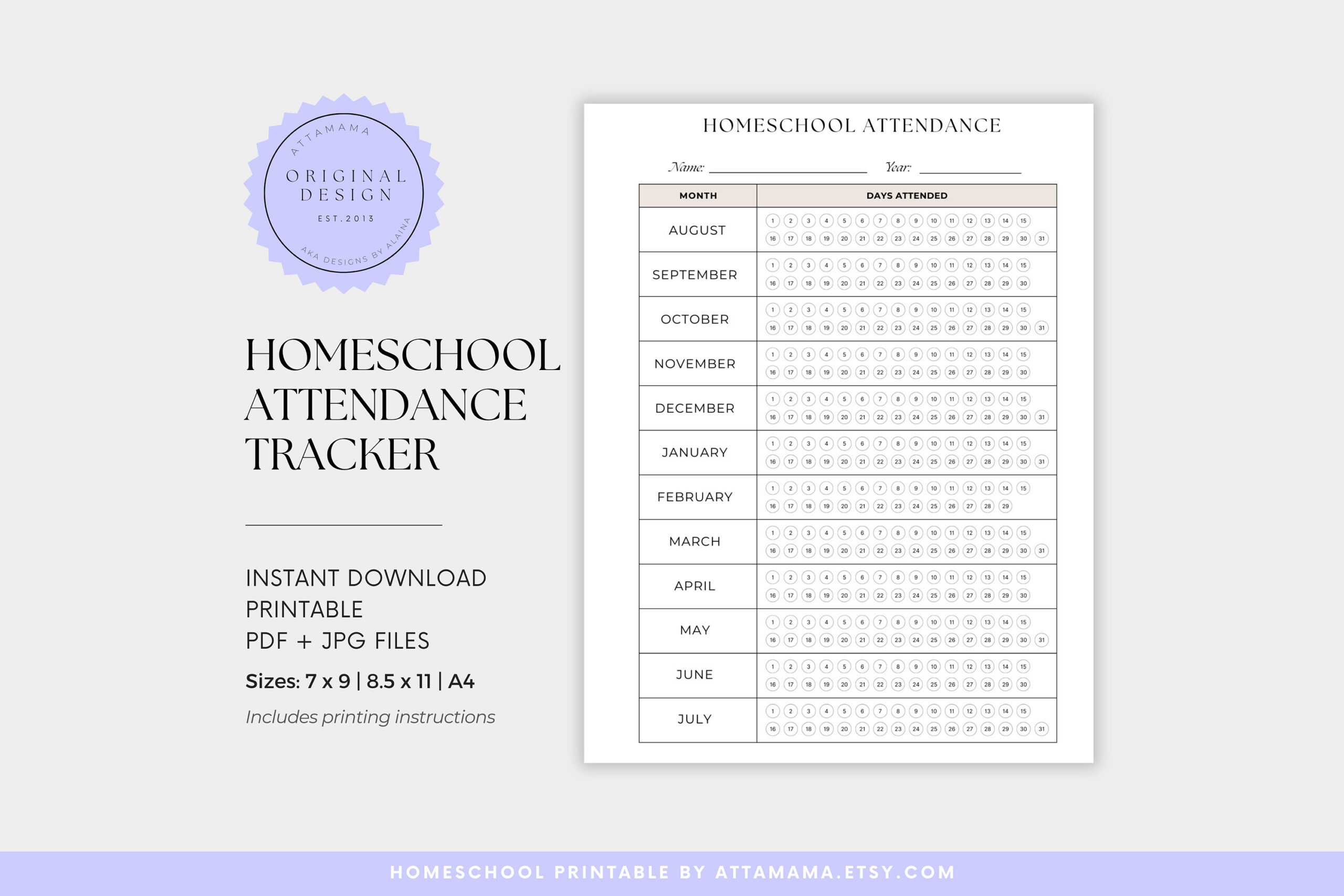 Homeschool Attendance Tracker Printable: Minimalist Design (Pdf for Homeschool Attendance Calendar 2026 - 2027