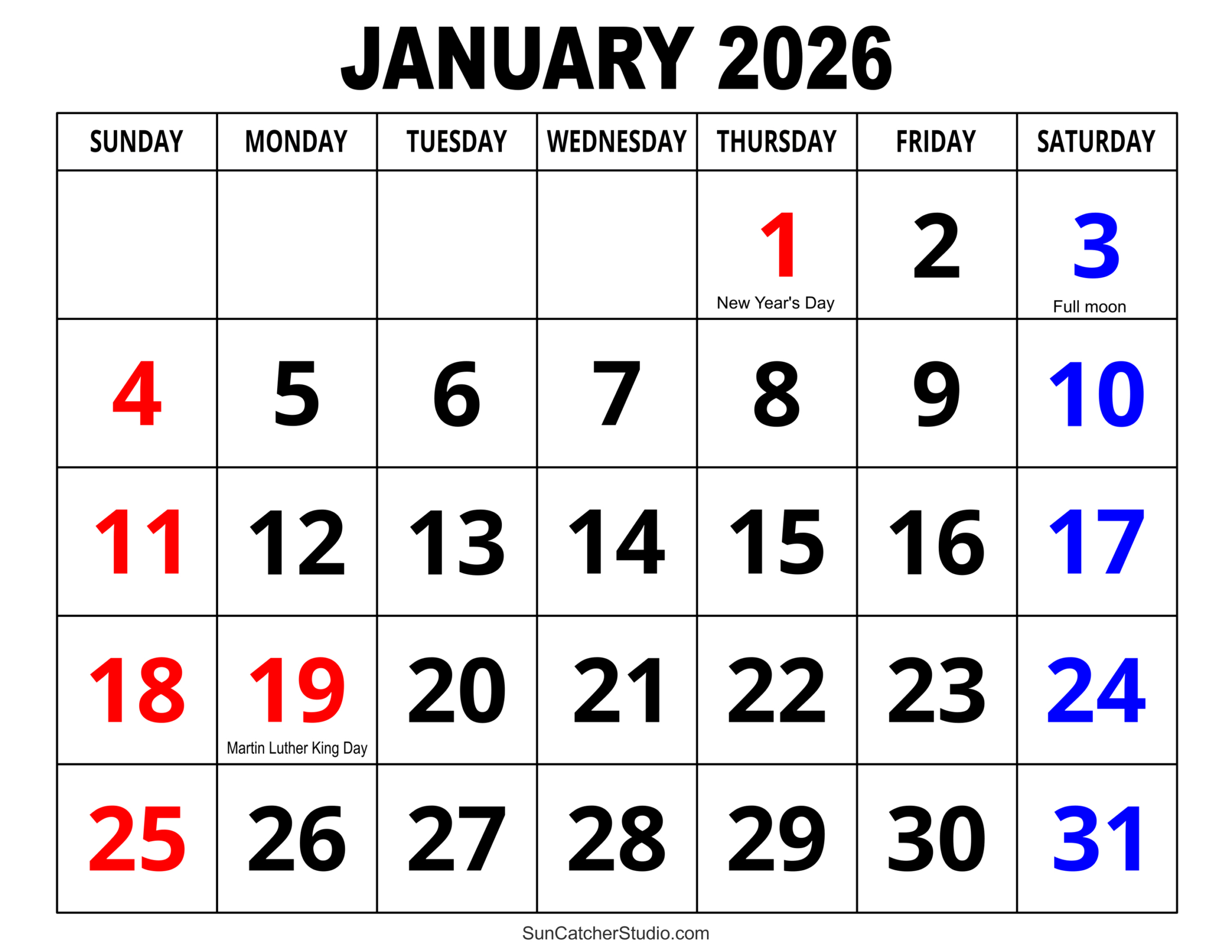 January 2026 Calendar (Free Printable) – Free Printables in Calendar For January 2026