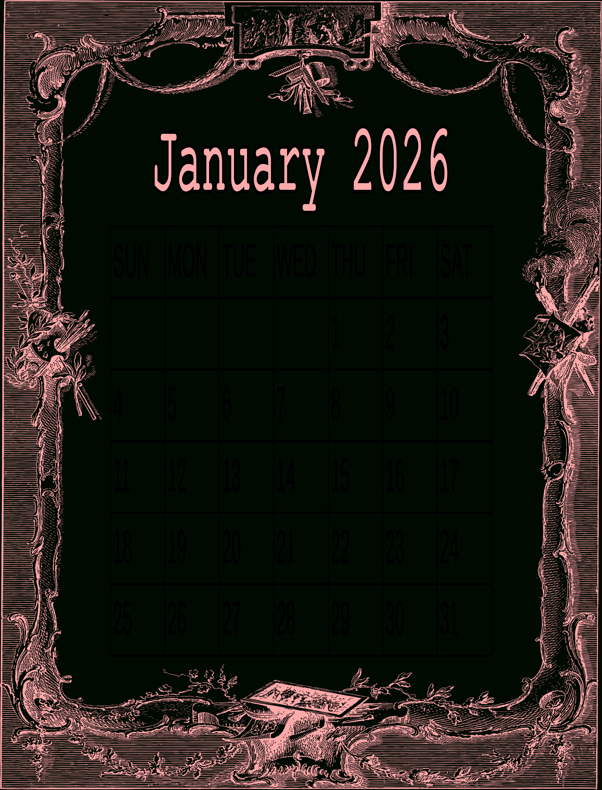 January 2026 Calendar – My Calendar Land regarding January 2026 Calendar Printable Pink