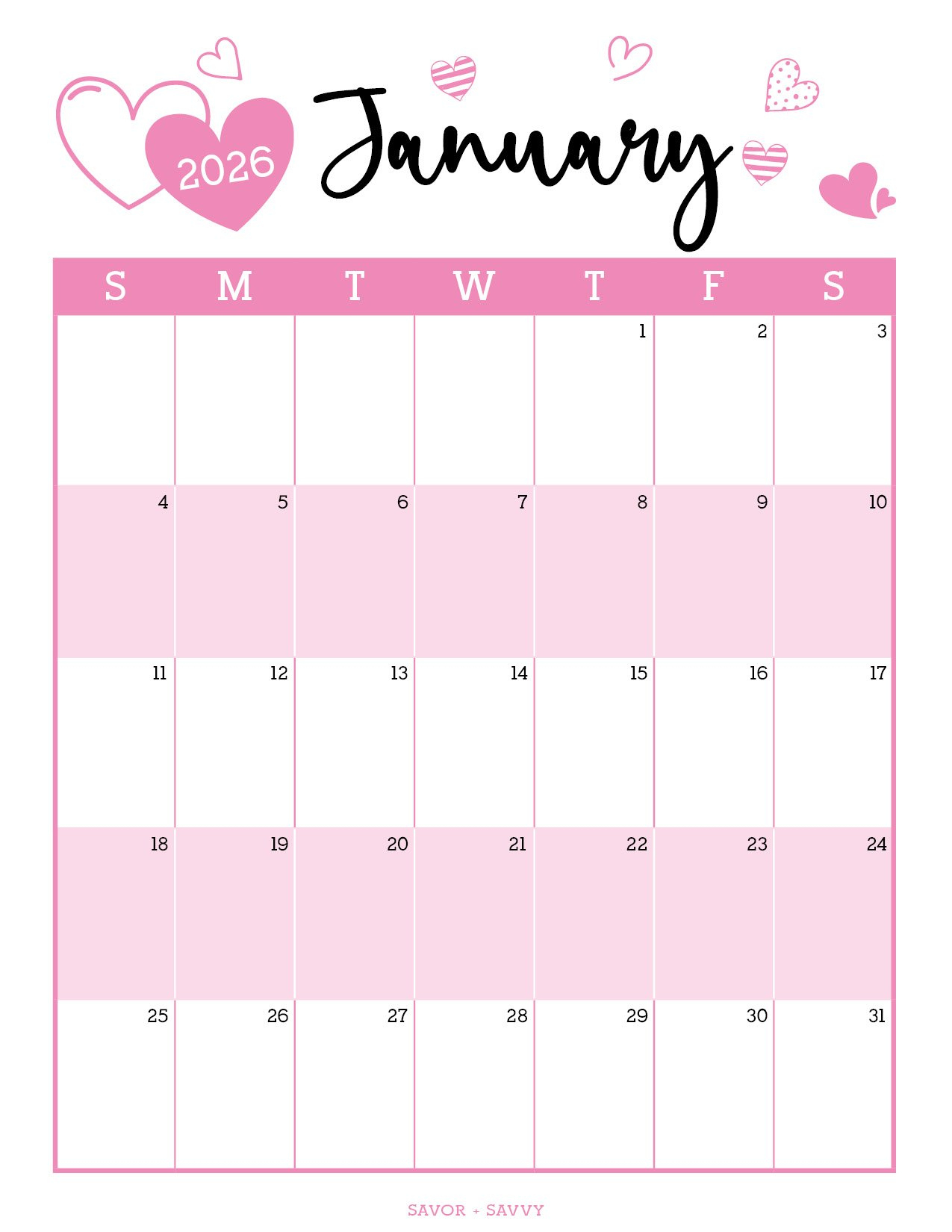 January 2026 Calendar Templates - 14 Free Printables - Savor + Savvy with regard to January 2026 Calendar Printable Pink