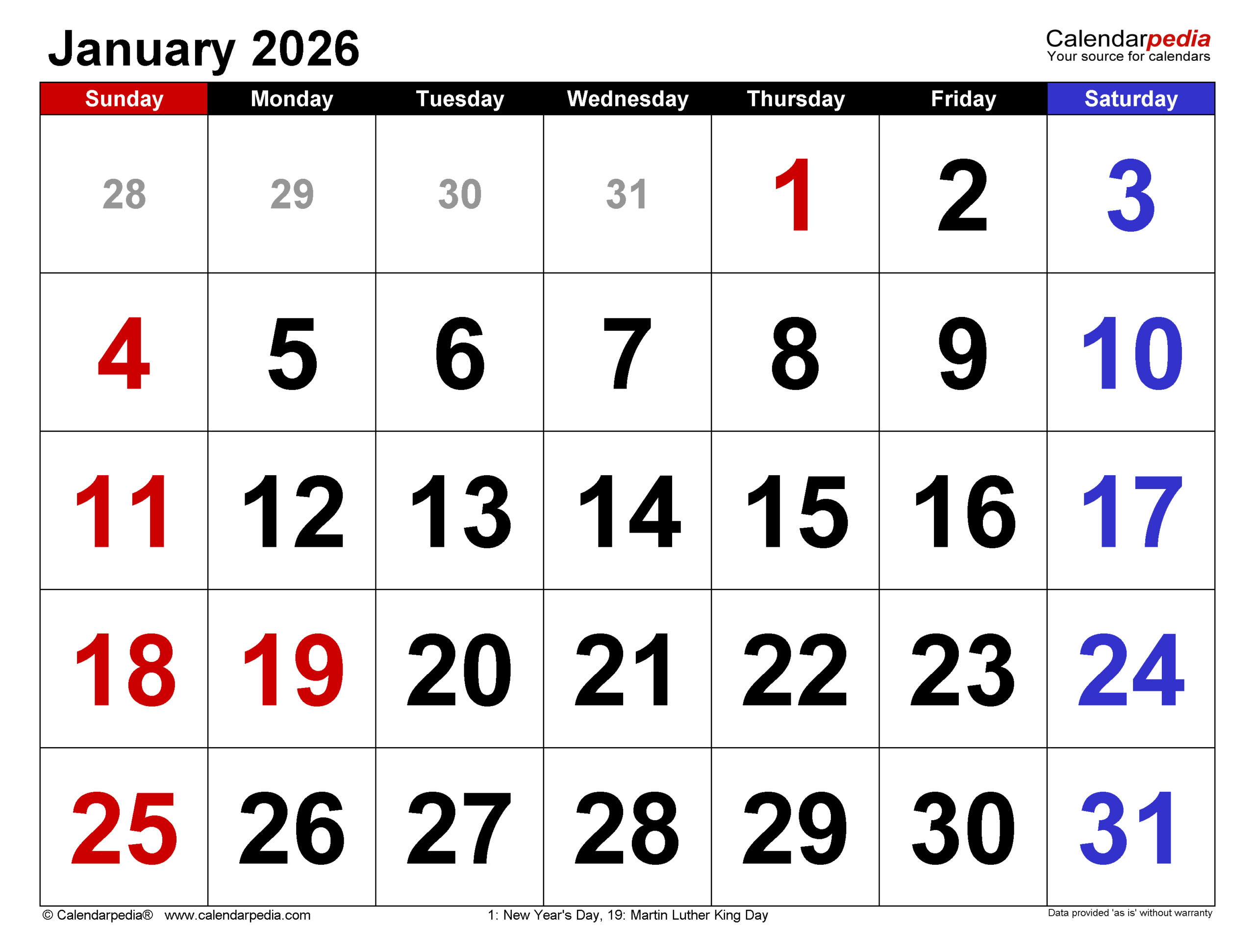January 2026 Calendar | Templates For Pdf, Excel And Word in Calendar For January 2026 United States