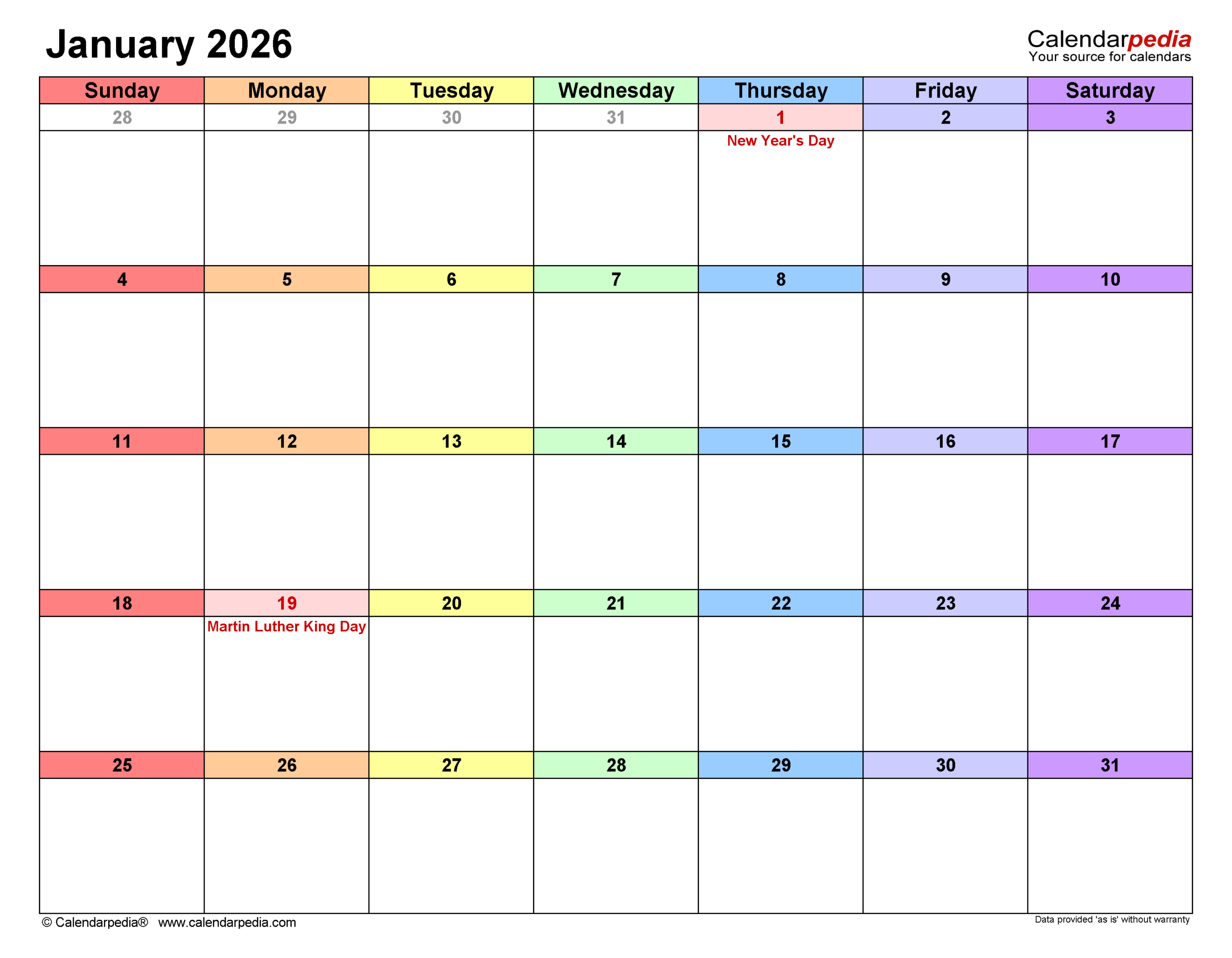 January 2026 Calendar | Templates For Pdf, Excel And Word regarding Attendance Sheet January 2026