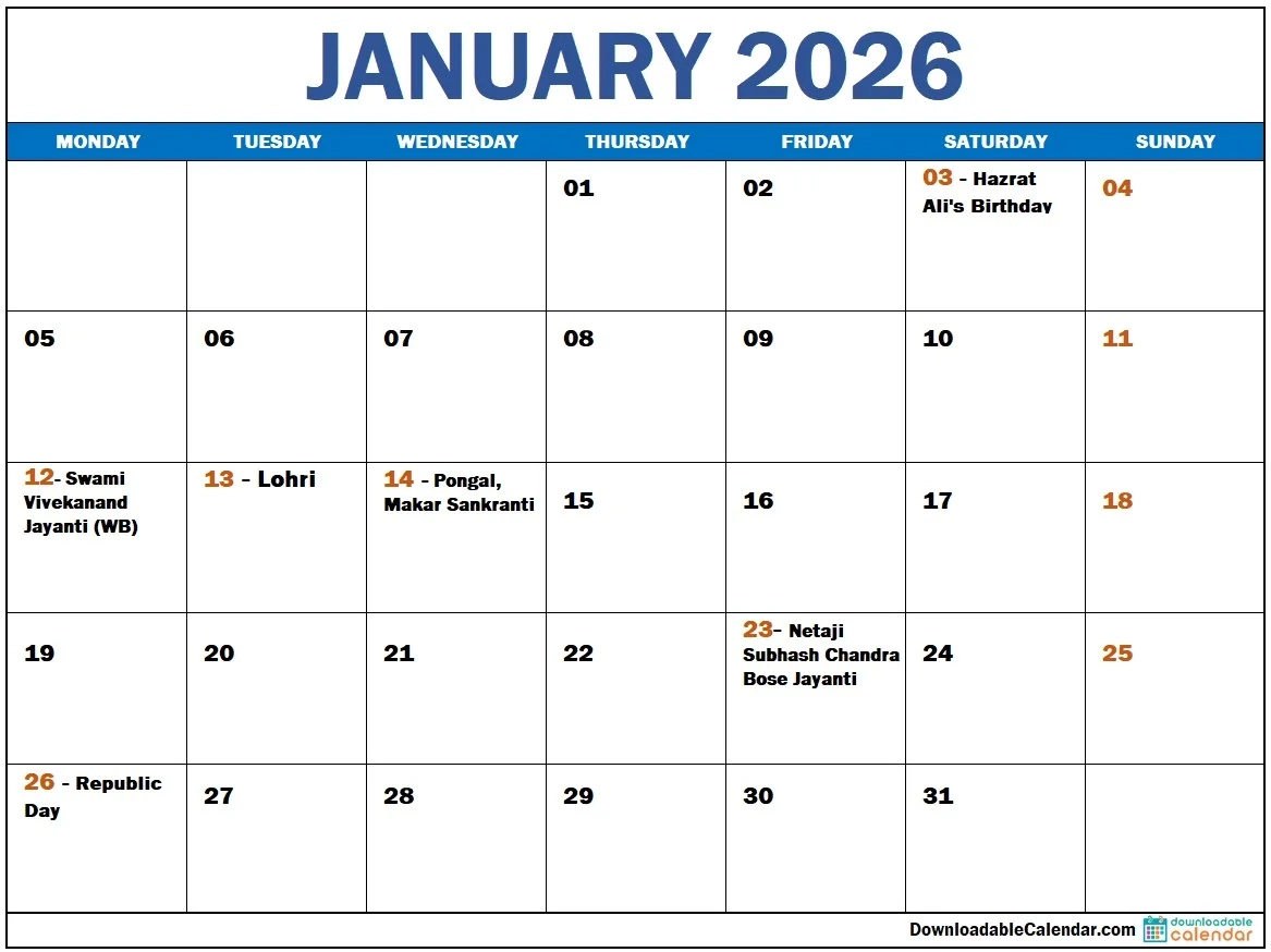 January 2026 Calendar: Transform Your Plans Into Success for January 2026 Calendar With Indian Holidays Printable