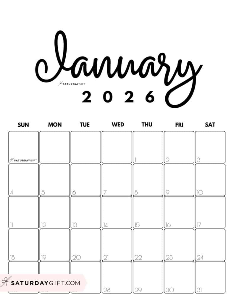 January 2026 Calendars - 23 Cute Free Printable Pdfssaturdaygift intended for January 2026 Calendar Printable Vertical