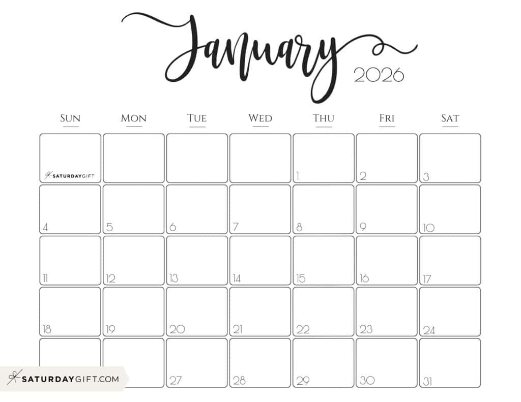 January 2026 Calendars - 23 Cute Free Printable Pdfssaturdaygift regarding Free January 2026 Calendar Printable