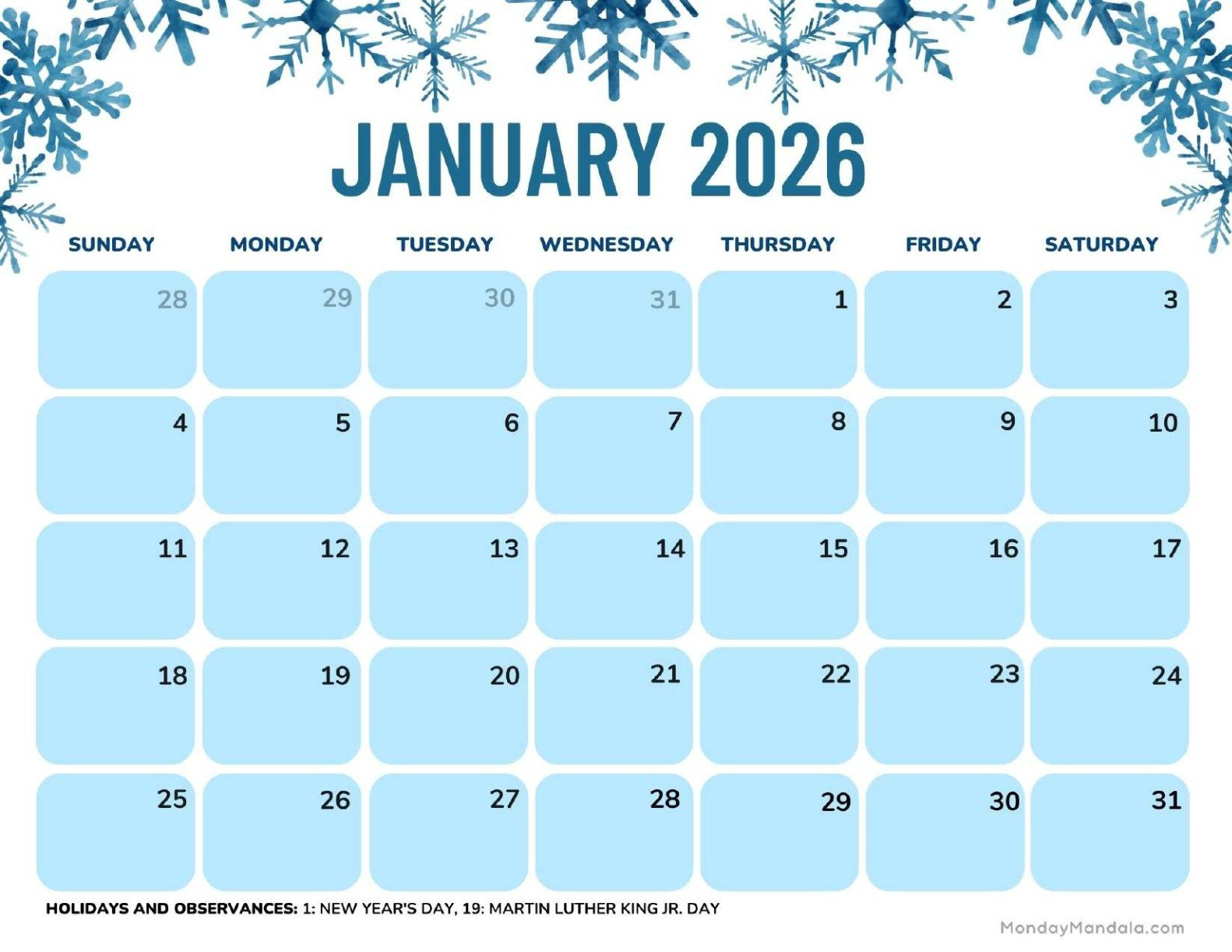 January 2026 Calendars (Free Pdf Printables) inside Calendar For January 2026 with Holidays