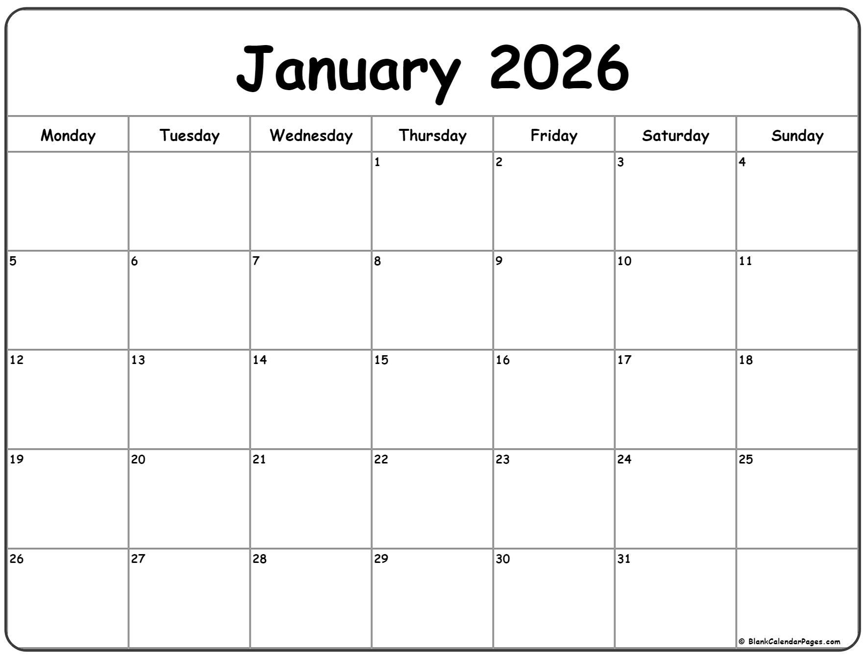 January 2026 Monday Calendar | Monday To Sunday throughout January 2026 Calendar Printable Monday Start