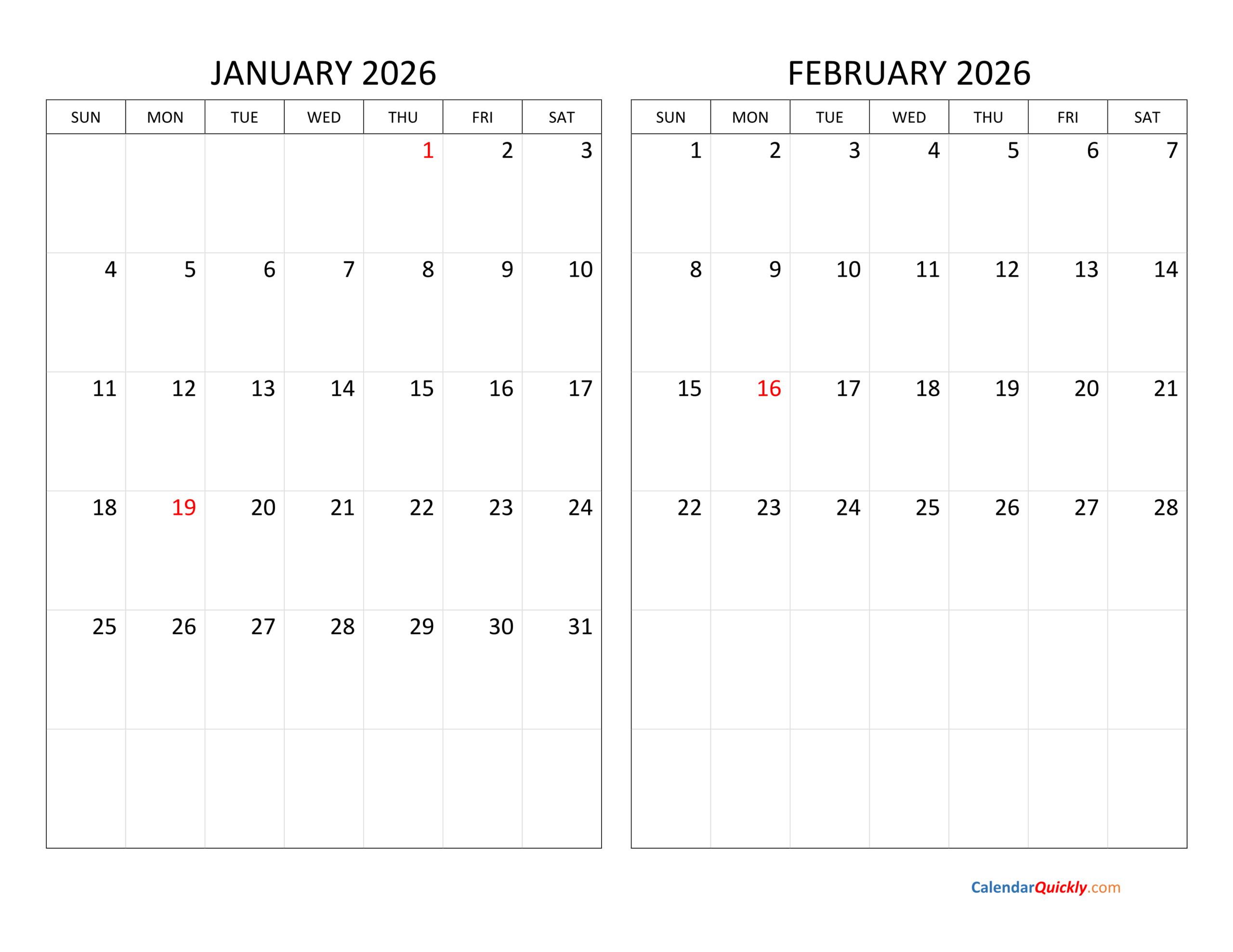 January And February 2026 Calendar | Calendar Quickly inside January 2026 and February Printable Calendar