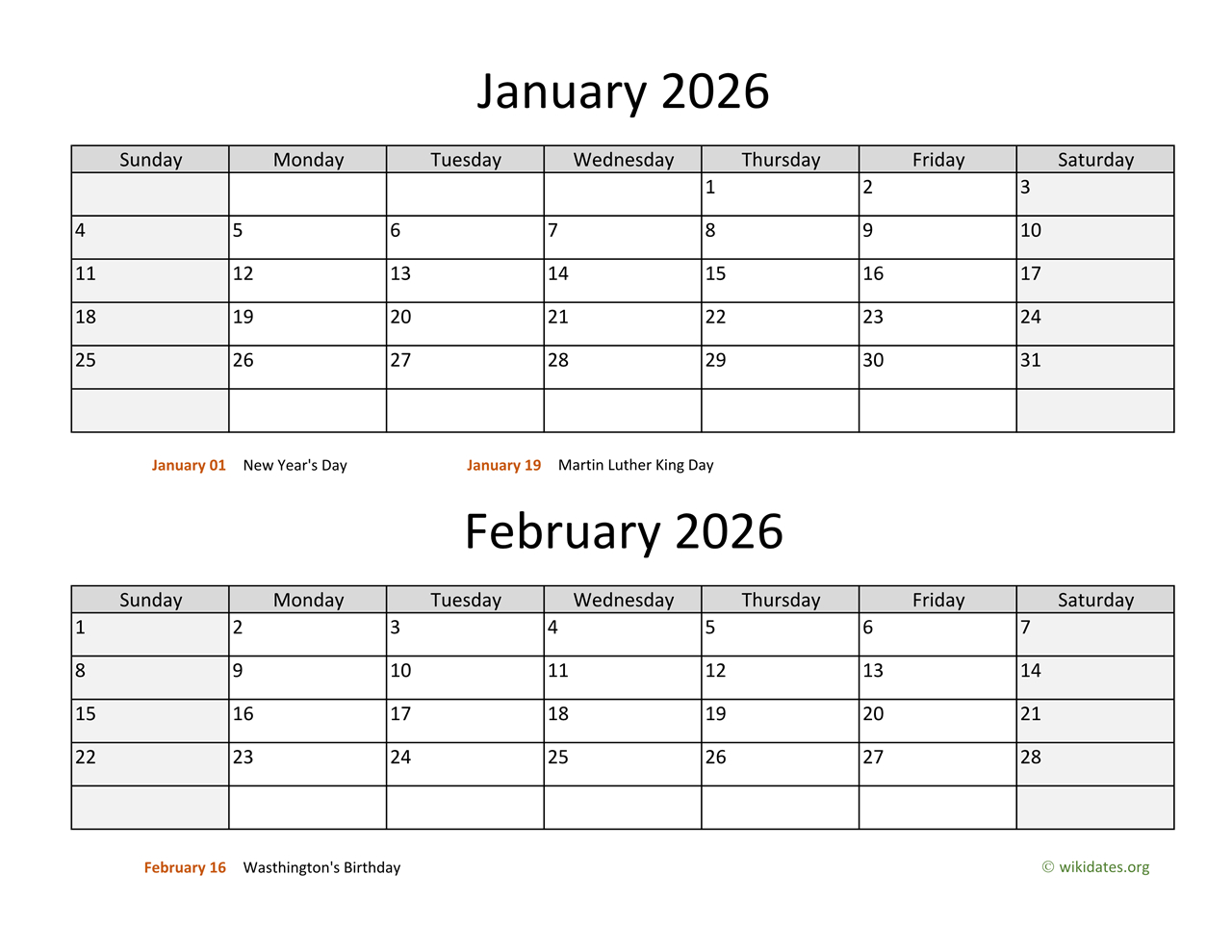 January And February 2026 Calendar | Wikidates in Printable January and February 2026 Calendar