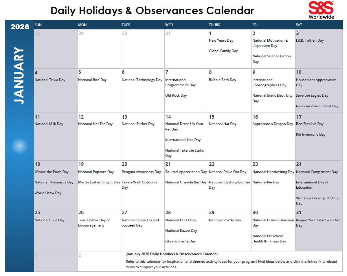 January Daily Holidays &amp;amp; Observances Printable Calendar - S&amp;amp;S Blog with January 2026 Daily Calendar Printable