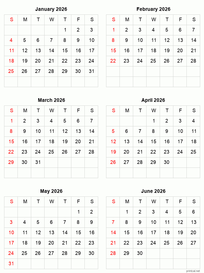 January To June 2026 Printable Calendar | Six Months Per Page pertaining to January To June 2026 Calendar Printable