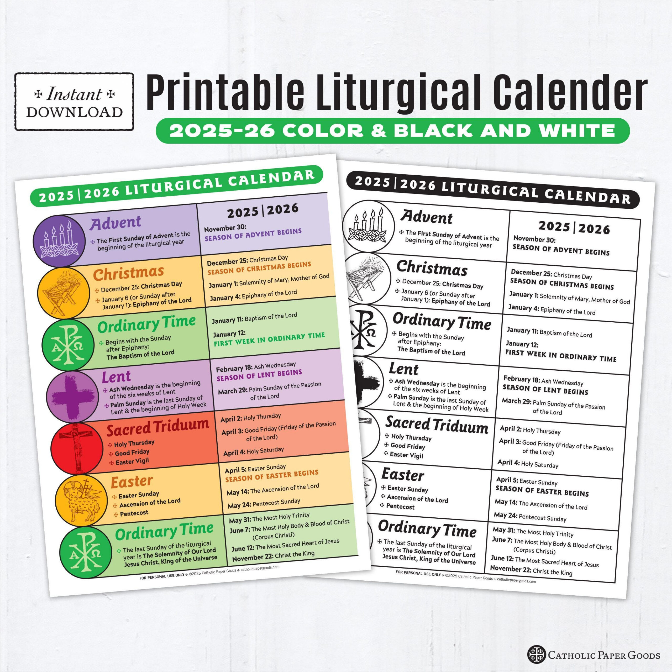 Liturgical Calendar Pdf - Etsy pertaining to Catholic Liturgical Calendar 2026 - 2027
