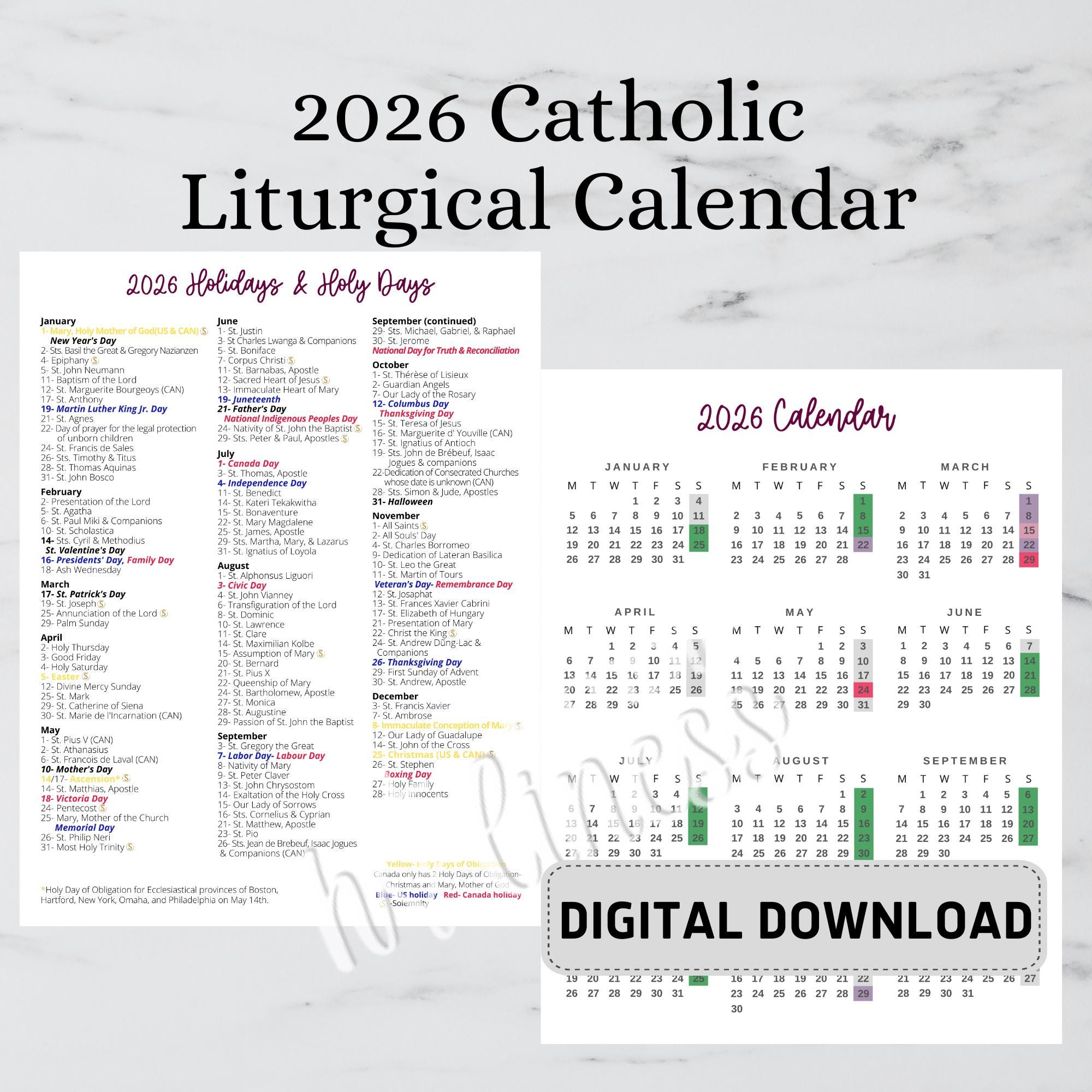 Liturgical Feast Days Calendar Printable - Etsy inside Nyc Catholic School Calendar 2026 To 2027