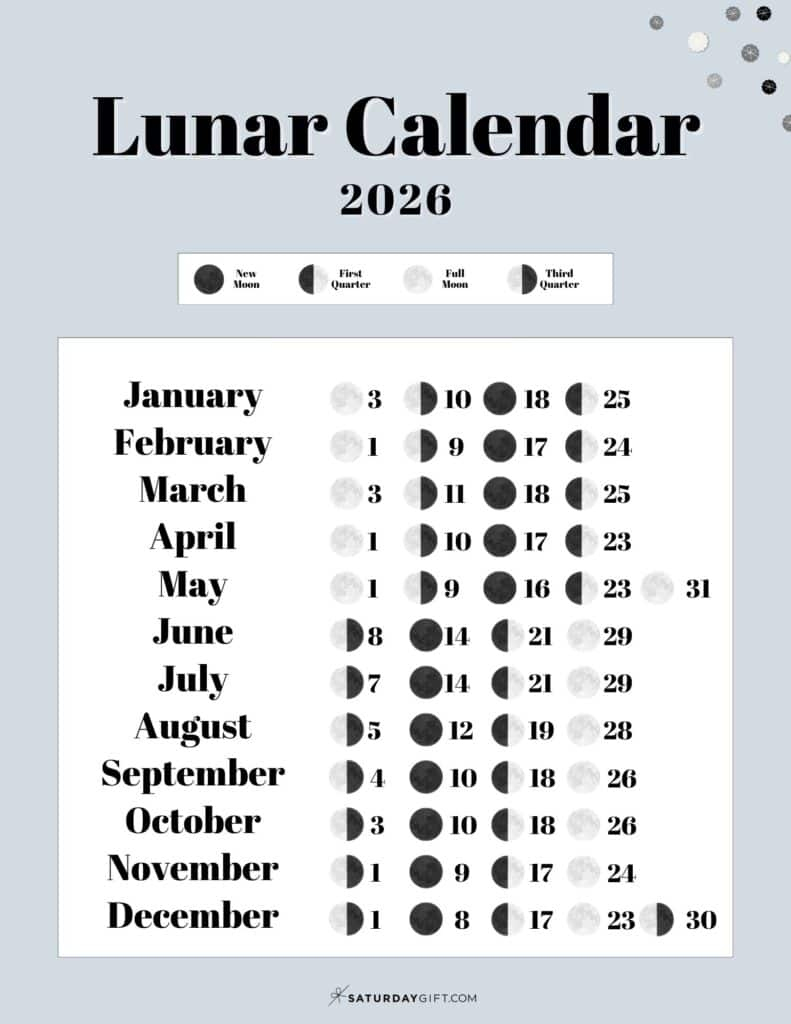 Lunar Calendar 2026 - 12 Moon Phase Calendar Printables throughout Moon Phase Calendar 2026 USA