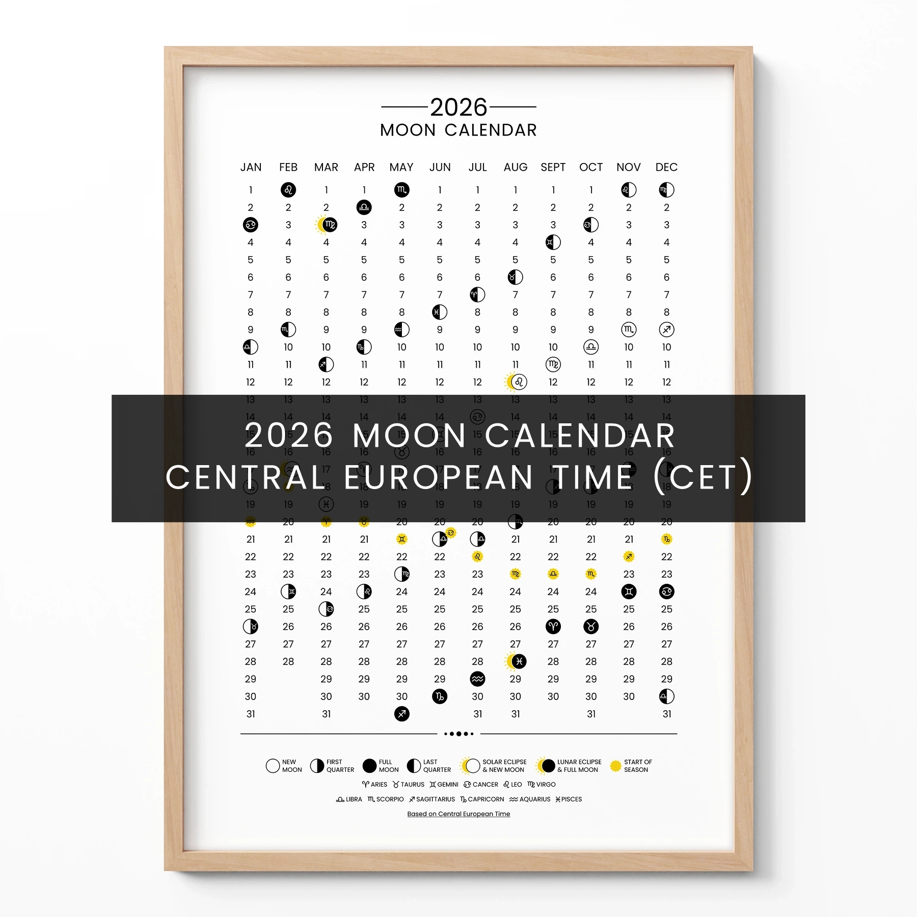 Lunar Calendar 2026 Poster – Moon Phases Wall Art (Cet) in New Moon And Full Moon Calendar 2026