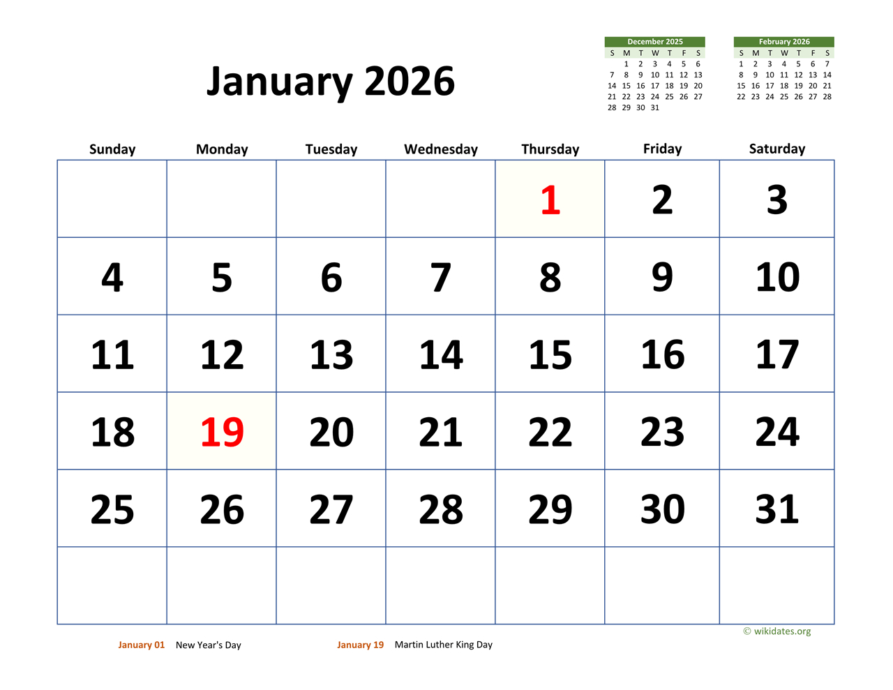 Monthly 2026 Calendar With Extra-Large Dates | Wikidates throughout January 2026 Calendar Printable Wiki