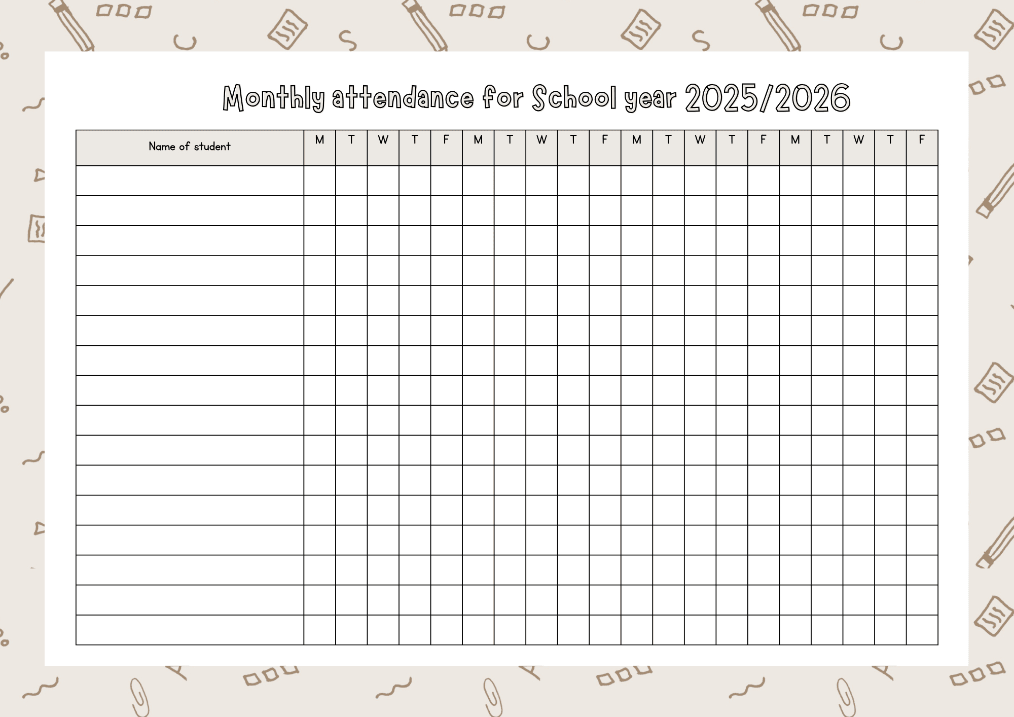 Monthly Attendance List For School Year 2025/2026 intended for 2026 Attendance Sheets