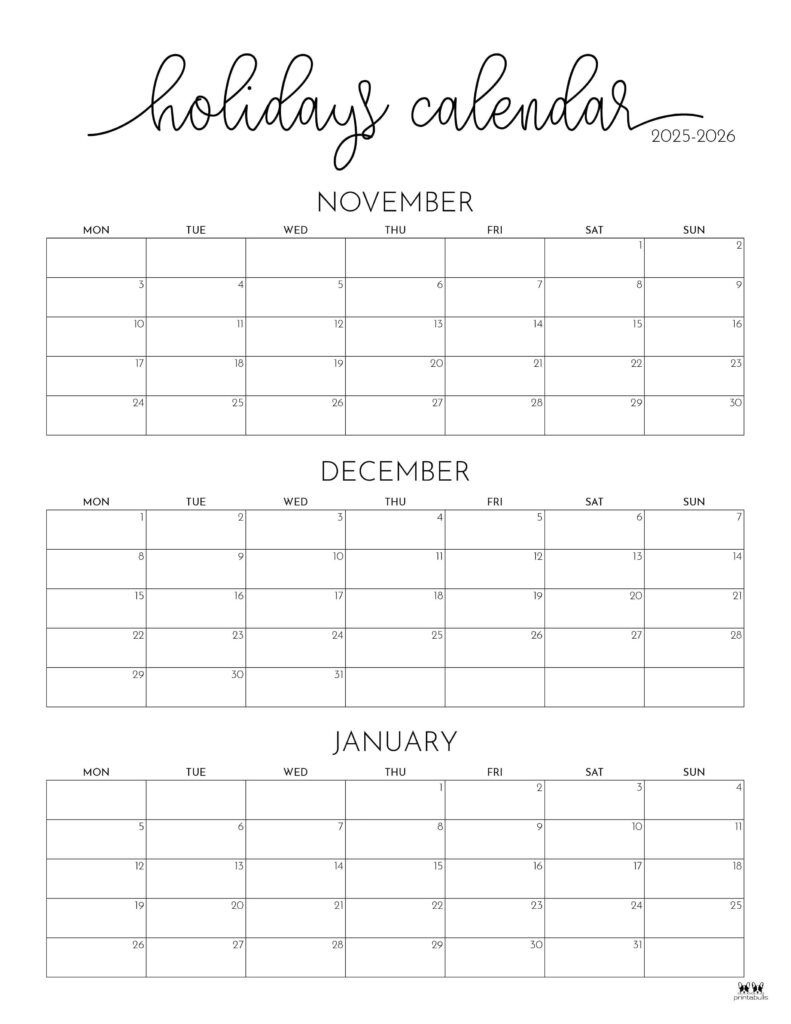 November December 2025 Calendars - 28 Printables | Printabulls throughout Printable 3 Month Calendar November December 2025 - January 2026